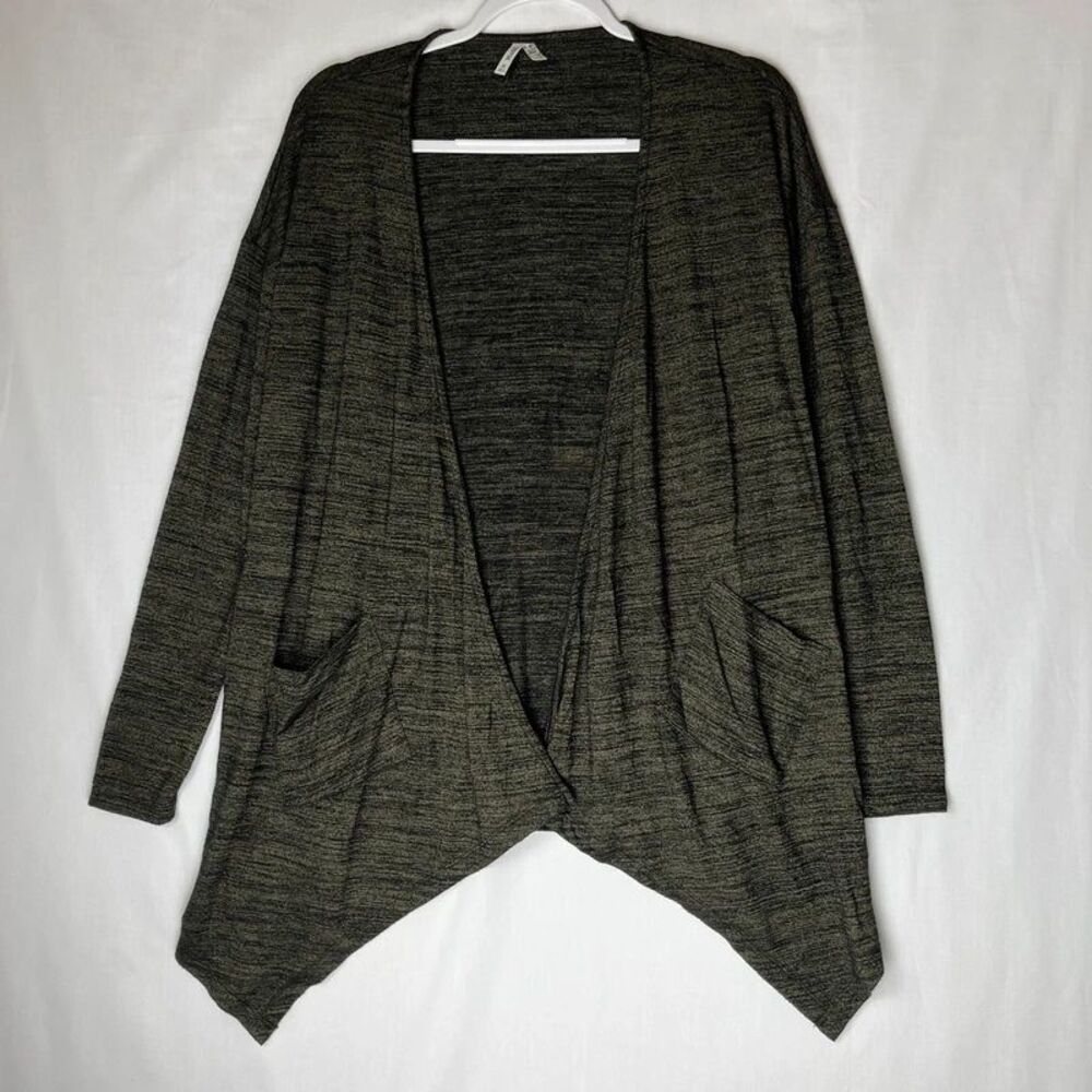Vtg Mudd Womens Med Open Front Cardigan Olive Green Black Space Dye Knit Pockets